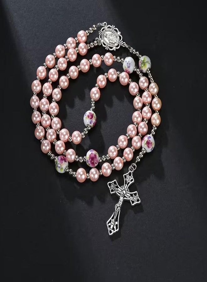 CACALOSS 8mm Pearl Alloy Catholic Cross Rosary Necklace - Exquisite Prayer, Portable and Lightweight - Image 2
